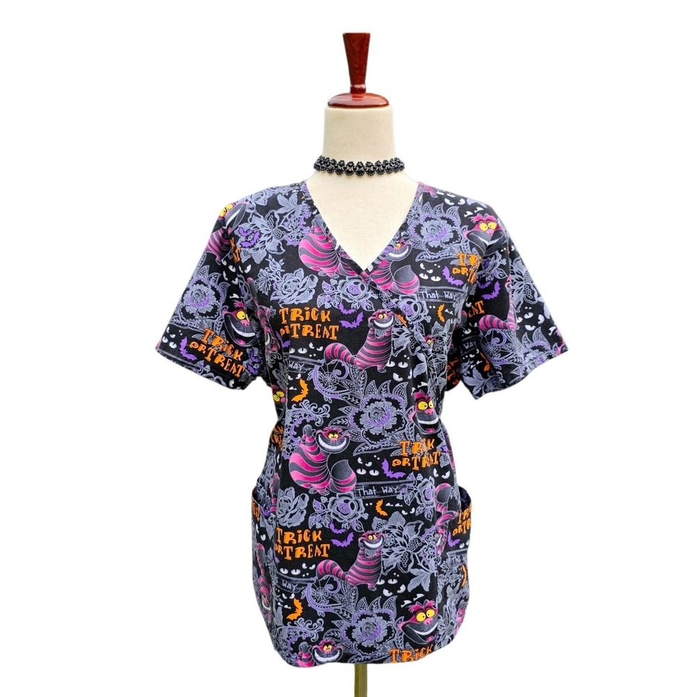 Disney Halloween Scrub Top Size L Cheshire Cat Alice In Wonderland Cotton
